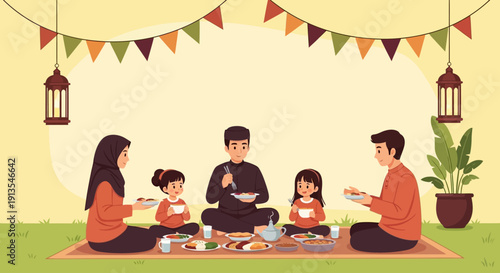 Family gathering around a meal together outdoors, celebrating a special occasion, surrounded by festive decorations