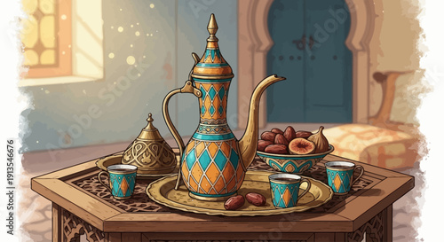 Ornate teapot and cups with dates on a wooden table in a traditional setting viewed from the side image (96).ai