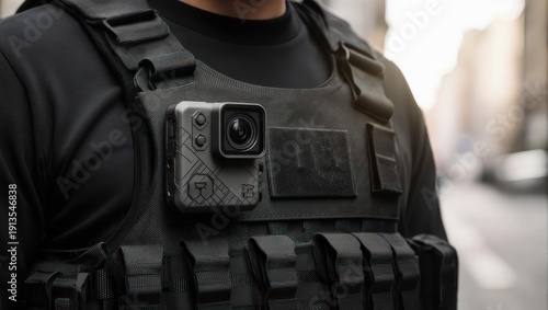 Close-up of a body camera on a security guards tactical vest.