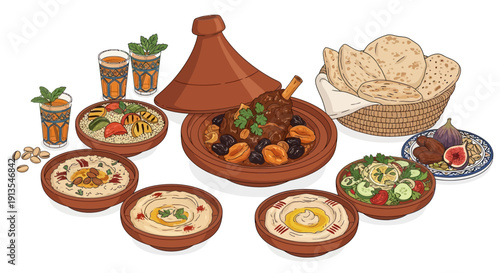 Traditional Moroccan cuisine delicacies and dishes arranged on a dining table viewed from directly above