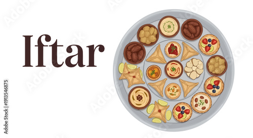 Variety of traditional iftar dishes on a plate viewed from directly above in a simple setting