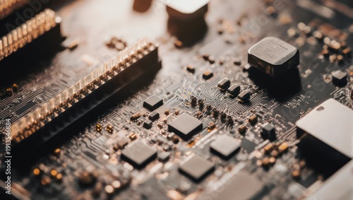 Close-up of a complex electronic circuit board with many microchips and components.