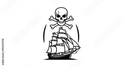 Pirate Ship with Skull and Crossbones Flag on White Background