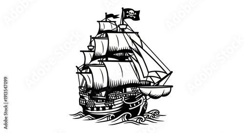 Pirate Ship Sailing on Waves with Jolly Roger Flag