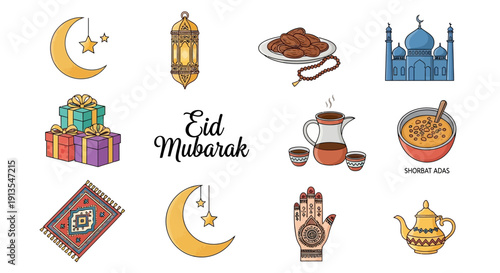 Eid Mubarak celebration elements, including traditional symbols and gifts, arranged in a grid layout for festive greeting