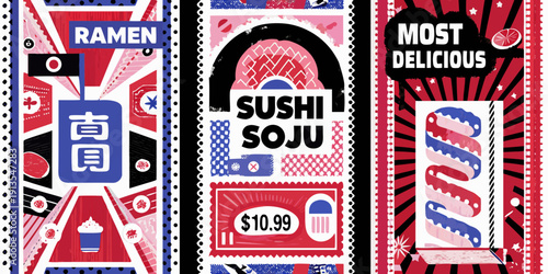 Colorful graphic design featuring ramen sushi and a price tag illustration