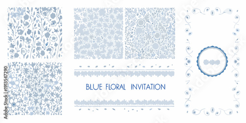 Delicate blue floral patterns and invitation design elements on white