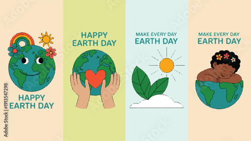 A vibrant collection of Earth Day themed vector illustrations promoting environmental awareness, global sustainability, and nature conservation