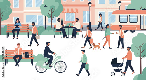 Diverse people enjoying a sunny day in a vibrant city park with a tram