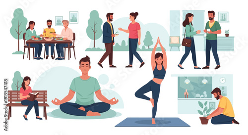 Diverse people enjoying healthy lifestyle activities, community, and relaxation