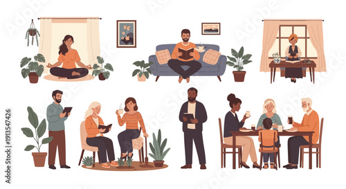 Diverse people enjoying indoor activities: reading, meditating, working, and socializing