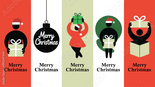 A vibrant set of five minimalist graphic illustrations featuring diverse stylized figures holding various Christmas gifts and festive elements, ideal for holiday greeting cards and seasonal designs