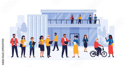 Diverse group of people outside modern office building, business, teamwork, community