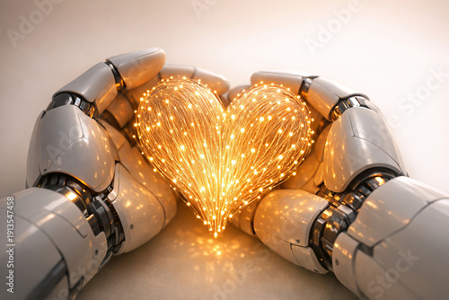 Robotic hand heart light love technology compassion care connection artificial intelligence cybernetic glow in metal palm gentle embrace of wire light warm and hopeful