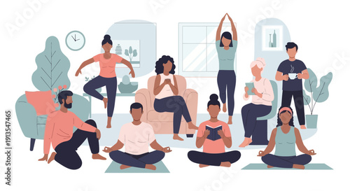Diverse group of people practicing yoga and meditation indoors, promoting wellness and community.