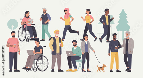 Diverse group of people of different ages, ethnicities, and abilities enjoying outdoor activities.