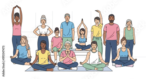 Diverse group of people practicing yoga together in a bright studio, promoting wellness and community.