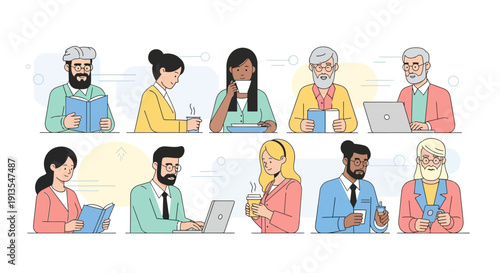 Diverse group of people reading and working with laptops and coffee