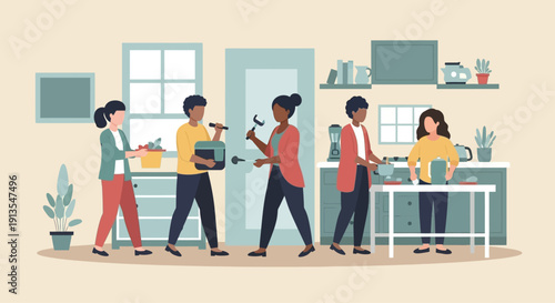 Diverse group of people renovating kitchen, teamwork, DIY home improvement, community project