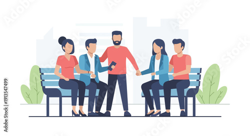 Diverse group of people sitting on park bench, discussing ideas, teamwork, casual meeting