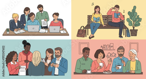 Diverse people collaborating, relaxing, and socializing in various settings