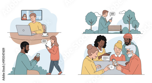 Diverse people connecting digitally and in person, remote work, social gatherings