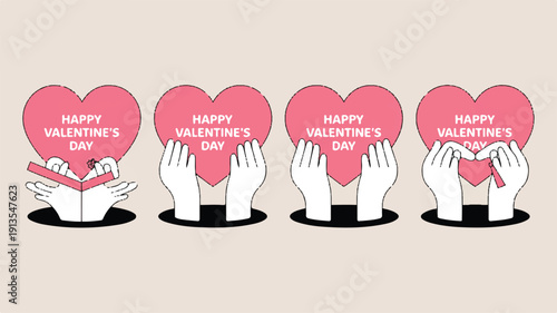 Set of Minimalist Flat Design Valentine's Day Illustrations Featuring Hands Interacting with Hearts, Conveying Love, Romance, and Happy Celebrations