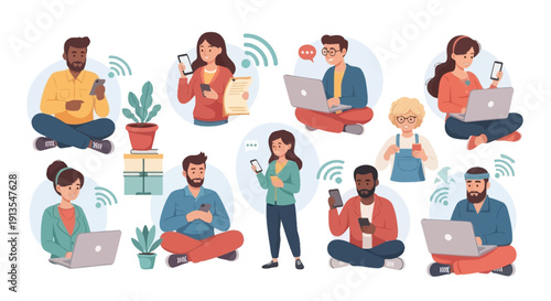 Diverse people connecting online using laptops and smartphones, wireless technology concept