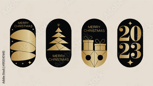 Elegant minimalist illustration set featuring four golden and black festive badges for Christmas and New Year 2023 celebrations, perfect for modern designs and holiday greetings
