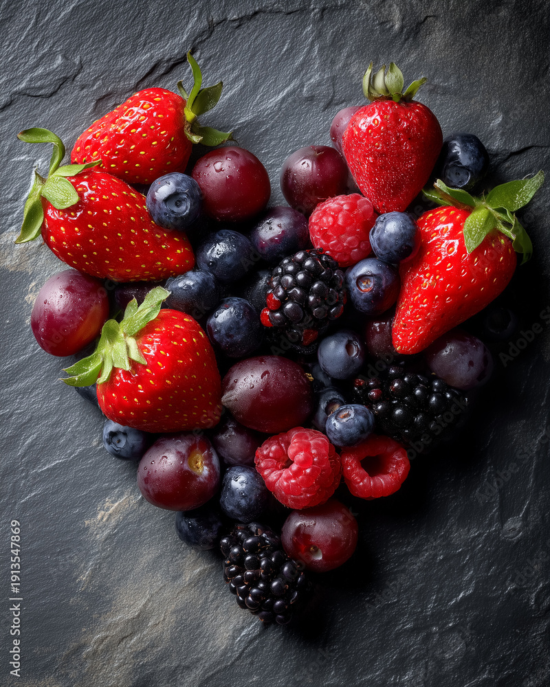 Obraz premium Fresh mixed berries on dark slate background top view 