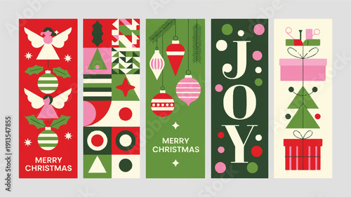 Set of Five Modern Geometric Christmas Vertical Banners Featuring Festive Holiday Motifs and 'Joy' Message