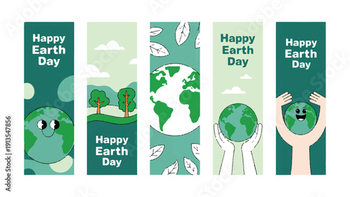 Happy Earth Day banners with cute planet illustrations and nature elements, celebrating environmental awareness and sustainability