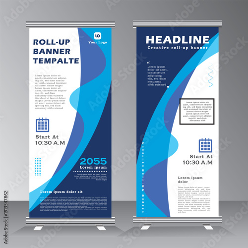 abstract background roll up banner desing, roll up banner template with abstract background, blue color vector template,