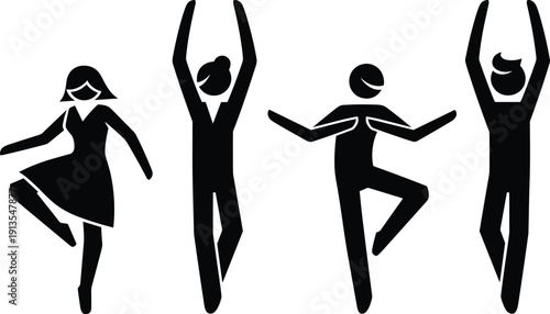 Abstract vector silhouettes of diverse people dancing and celebrating together in expressive poses isolated on white background for creative design