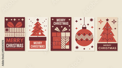 Set of minimalist and modern holiday greeting card designs featuring abstract Christmas trees, festive gifts, and ornate decorative elements in a cohesive color palette