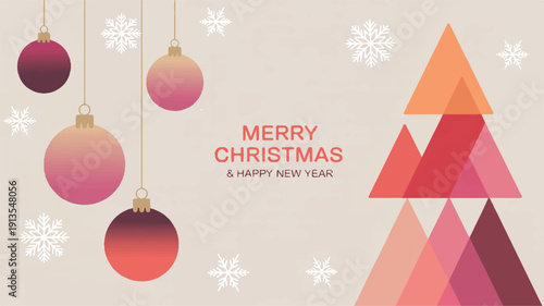 Modern Minimalist Christmas and New Year Holiday Greeting Card Design with Abstract Baubles, Stylized Tree, and Festive Snowflakes on a Beige Background