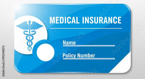 Medical insurance card with caduceus symbol on blue background for healthcare