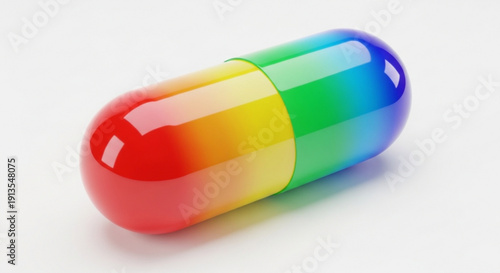 Vibrant rainbow colored capsule pill on white background symbolizing health and wellness with bright glossy colors