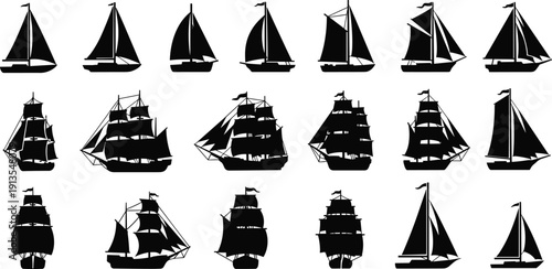 Sailing Ship Silhouette Vector Collection, Vintage Nautical Vessel Set, Black Yacht and Galleon Icons, Maritime Transport Symbols, Isolated Boat Graphics