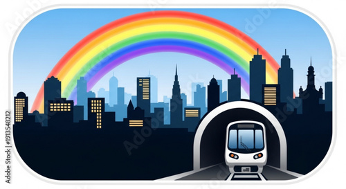 Cityscape with train exiting tunnel under vibrant rainbow symbolizing hope and urban optimism