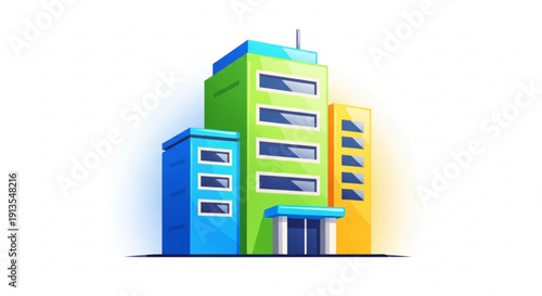 Colorful office building complex with blue green and yellow facades and multiple windows on a white background