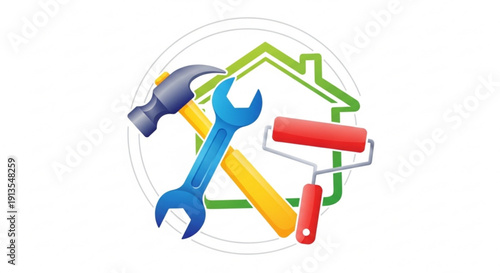 Home renovation tools logo with hammer wrench and paint roller in a house outline