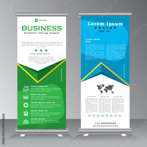 Roll up banner stand design with abstract geometric colorful. Green and blue standee design, vertical banner,