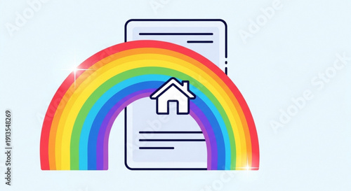 Rainbow colored home loan approval document with house icon on a light blue background