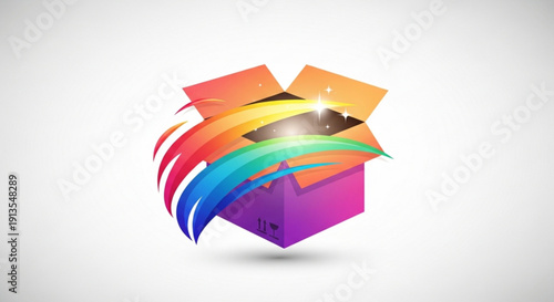 Vibrant purple box opening with colorful rainbow swirls and bright light on white background symbolizing creativity and surprise