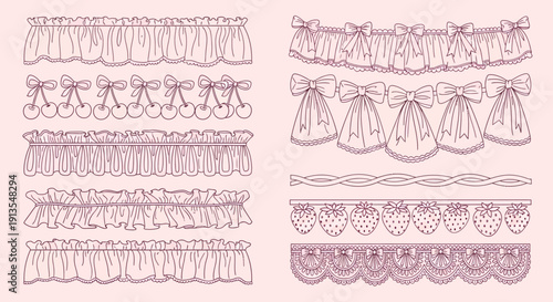 Collection of decorative borders with bows and tassels in various designs and layouts displayed on a light background