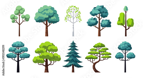 Collection of various tree illustrations showcasing different shapes and foliage in a landscape setting from a frontal viewpoint