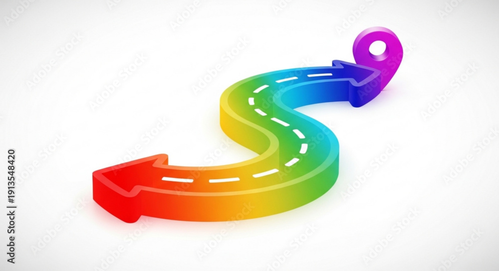 Obraz premium Rainbow colored road with dashed line and arrow direction on white background symbolizing journey path or decision making