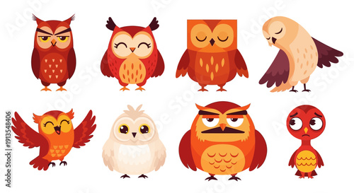 Collection of cartoon owls in various poses and colors displayed together in a graphic illustration