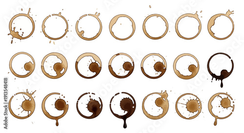 Collection of coffee rings and stains on a white surface viewed from directly above in a grid pattern